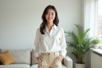 Jeune femme souriante dans un salon moderne minimaliste