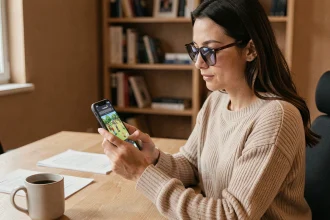 Femme jouant à un jeu de plateau mobile sur smartphone avec codes récompense Monopoly GO
