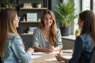 Jeune femme souriante en réunion de bureau moderne