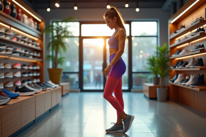 Jeune femme sportive essayant des chaussures de sport modernes