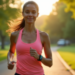 Jeune femme sportive marchant dans un parc vert ensoleille avec un tracker