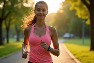 Jeune femme sportive marchant dans un parc vert ensoleille avec un tracker
