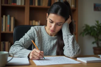 Femme concentrée résolvant une grille de sudoku difficile à son bureau à domicile