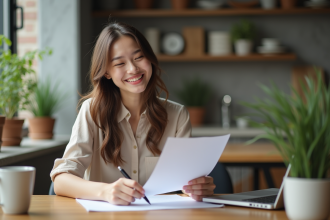 Jeune femme souriante travaillant à domicile dans sa cuisine