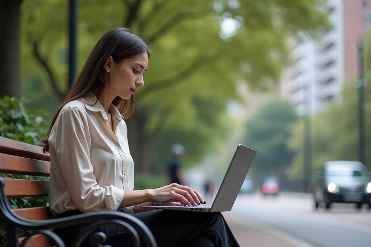 Femme déterminée travaillant sur son ordinateur dans un parc