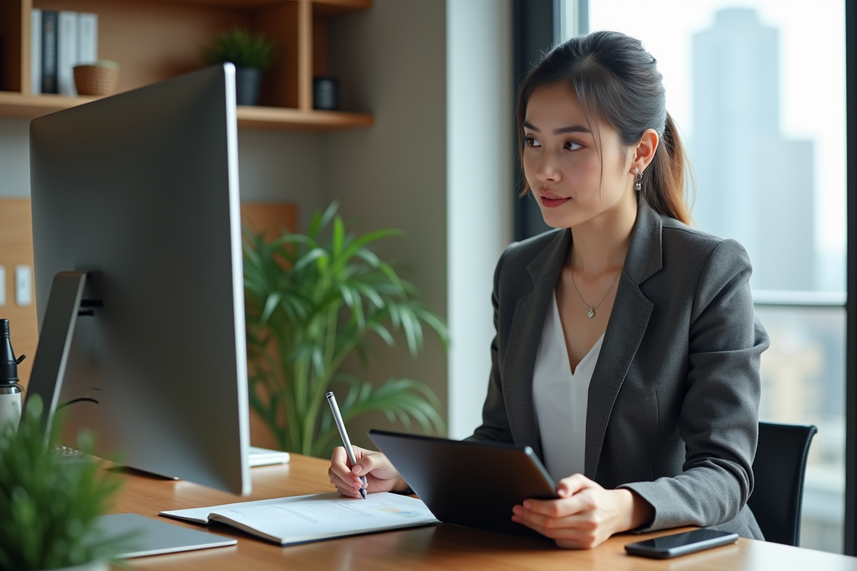 Jeune femme concentrée travaillant sur un ordinateur dans un bureau