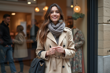 Femme élégante en trench beige devant boutique parisienne