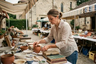 Femme parcourant les objets d'un vide grenier en plein air dans un village de l'Ain
