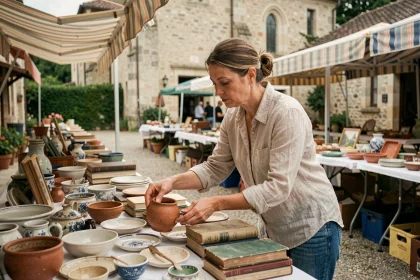 Femme parcourant les objets d'un vide grenier en plein air dans un village de l'Ain