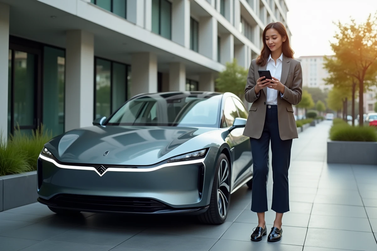 Femme utilisant application pour stationner voiture électrique