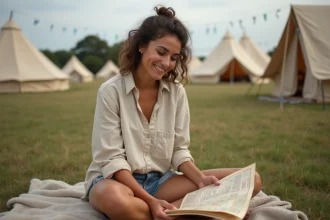 Festivalière consultant le programme des Vieilles Charrues 2026 sur un camping en Bretagne