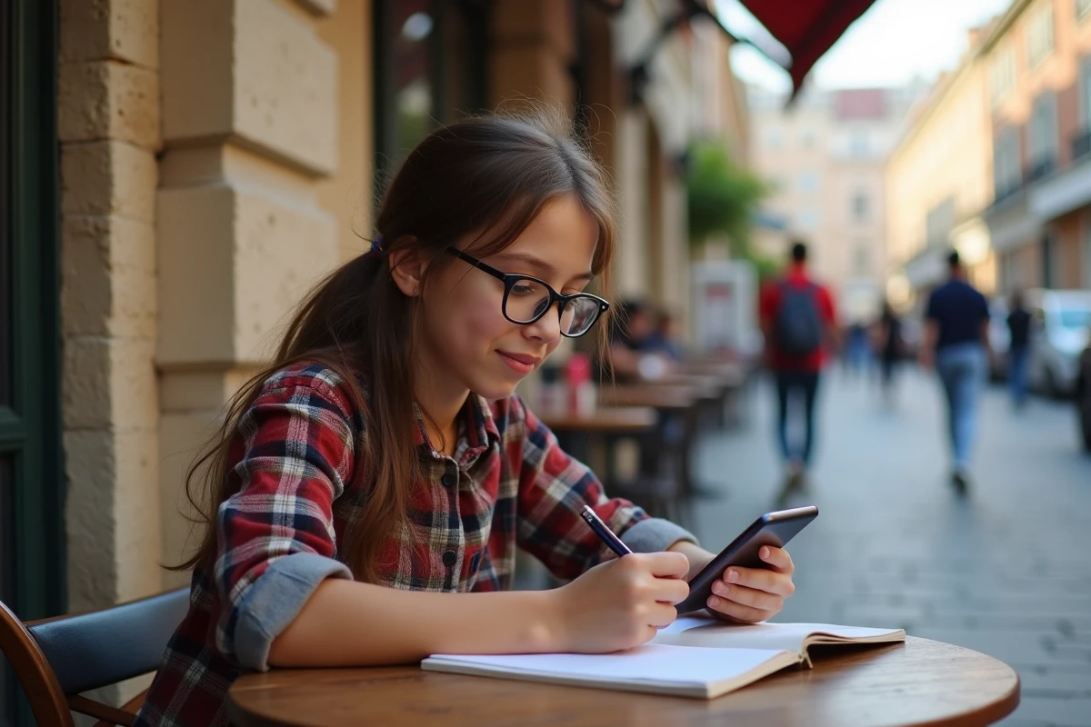 Fille en plaid au café utilisant son smartphone et prenant des notes
