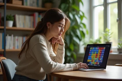 Jeune femme concentrée jouant à un jeu en ligne sur son ordinateur