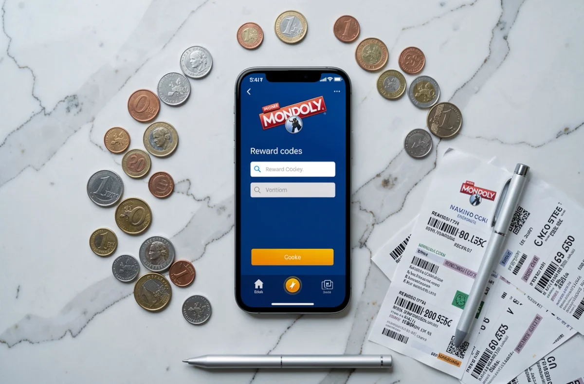 Flat-lay de smartphone avec codes récompense Monopoly GO, jetons et pièces de monnaie sur marbre