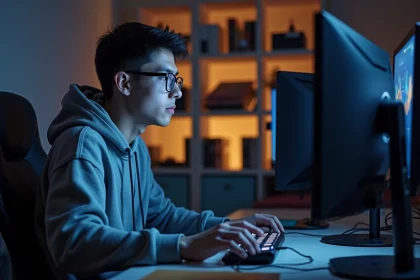 Jeune homme gamer concentré devant son ordinateur dans un appartement