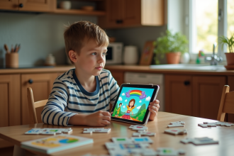 Garçon de 8 ans regardant une tablette éducative dans la cuisine