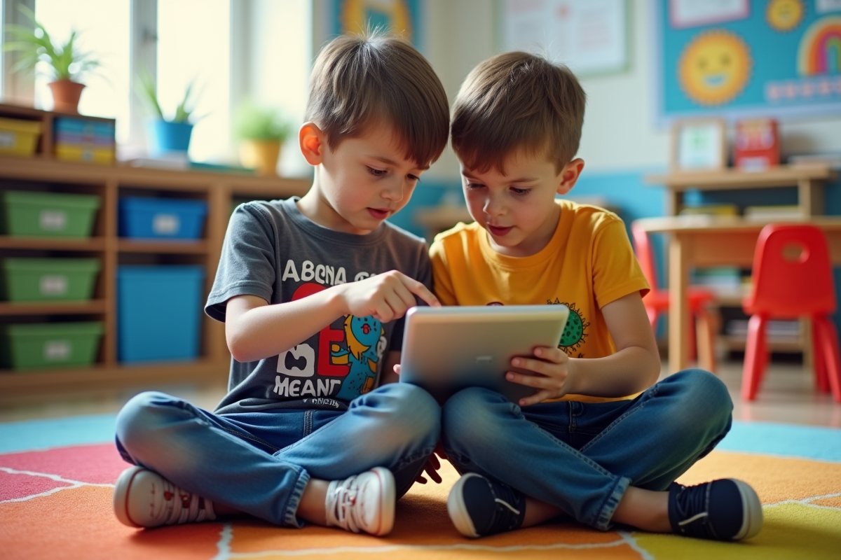 Deux garçons explorant une tablette en classe