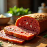 Tranche de gâteau au chorizo frais sur une table en bois