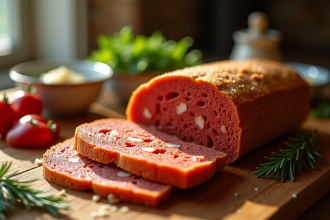 Tranche de gâteau au chorizo frais sur une table en bois