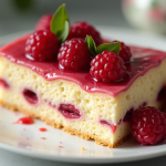 Gâteau dacquoise tranché avec fruits rouges frais