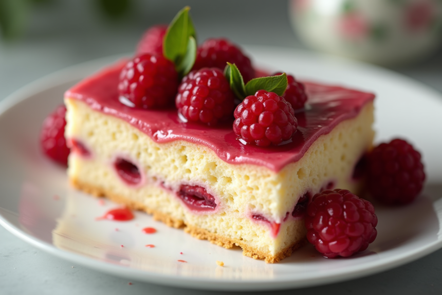 Gâteau dacquoise tranché avec fruits rouges frais