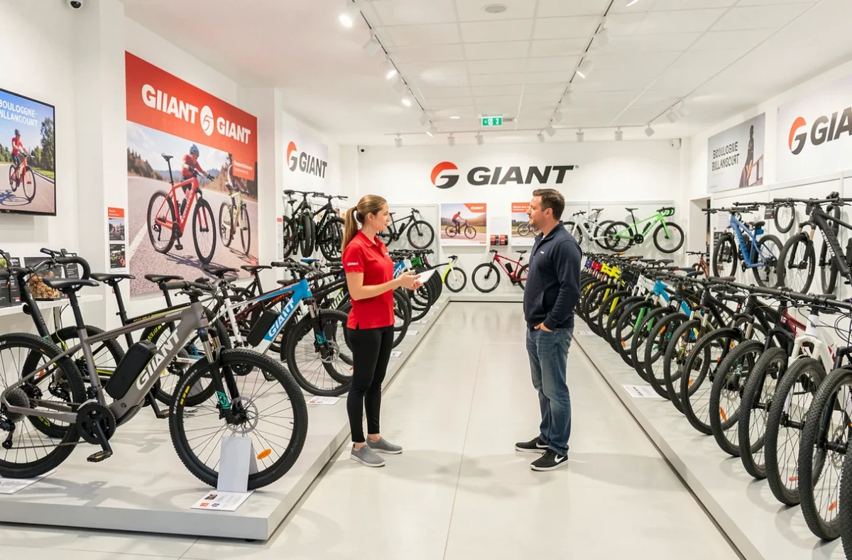 Intérieur du magasin Giant à Boulogne-Billancourt avec vélos électriques exposés et une vendeuse conseillant un client