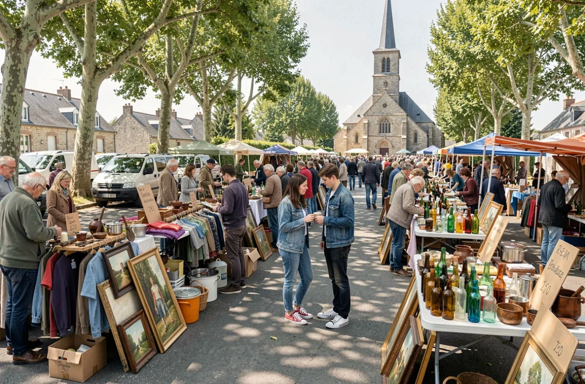 Vue large d'un grand vide grenier en plein air près d'une mairie bretonne dans le Morbihan avec familles et brocanteurs