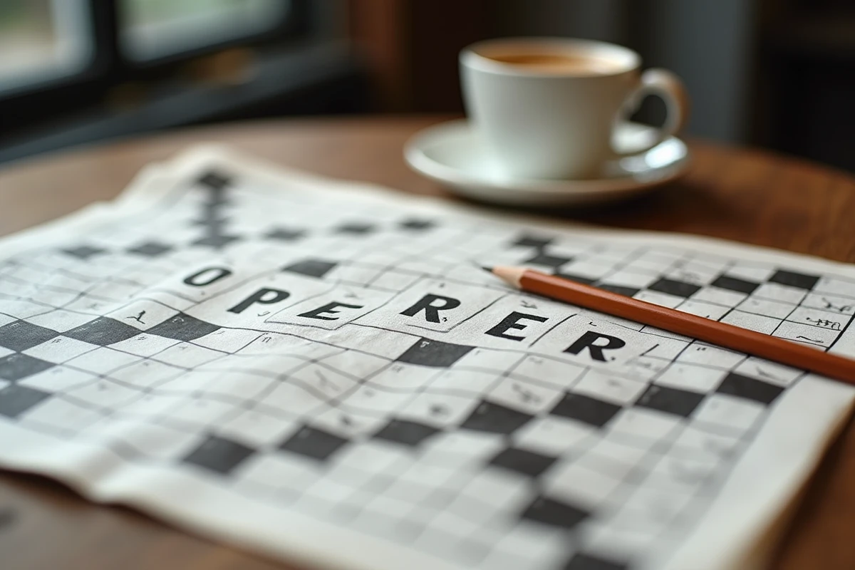 Gros plan d'une grille de mots croisés avec le mot OPERER inscrit au crayon sur une table de café en bois