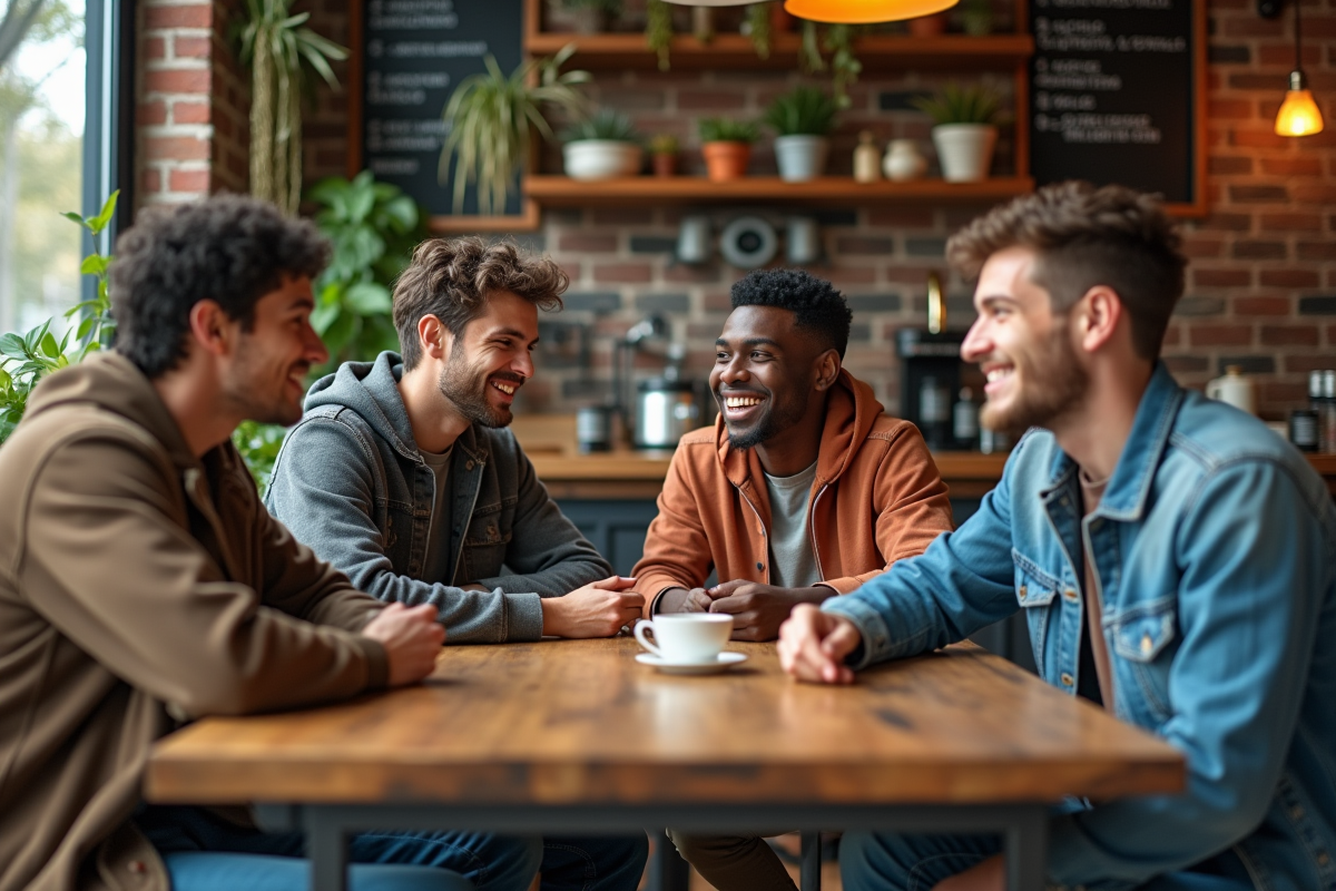 Groupe d amis dans un cafe tendance en streetwear