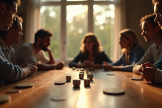 Groupe de personnes jouant au 421 dans un salon ensoleille