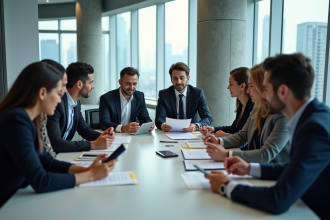 Groupe de professionnels en réunion dans un bureau moderne