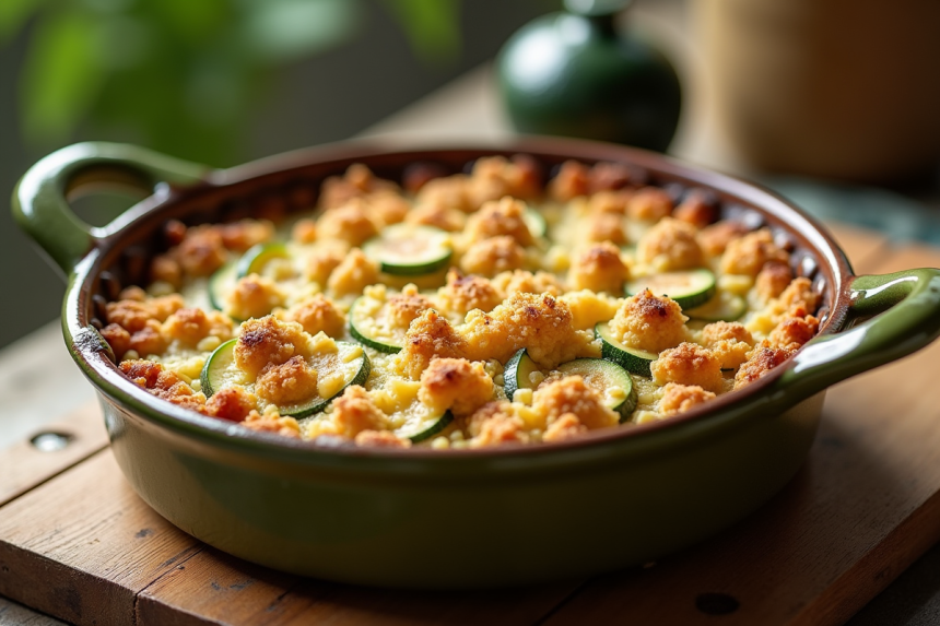 Gâteau de courgettes croustillant servi dans un plat en céramique rustique