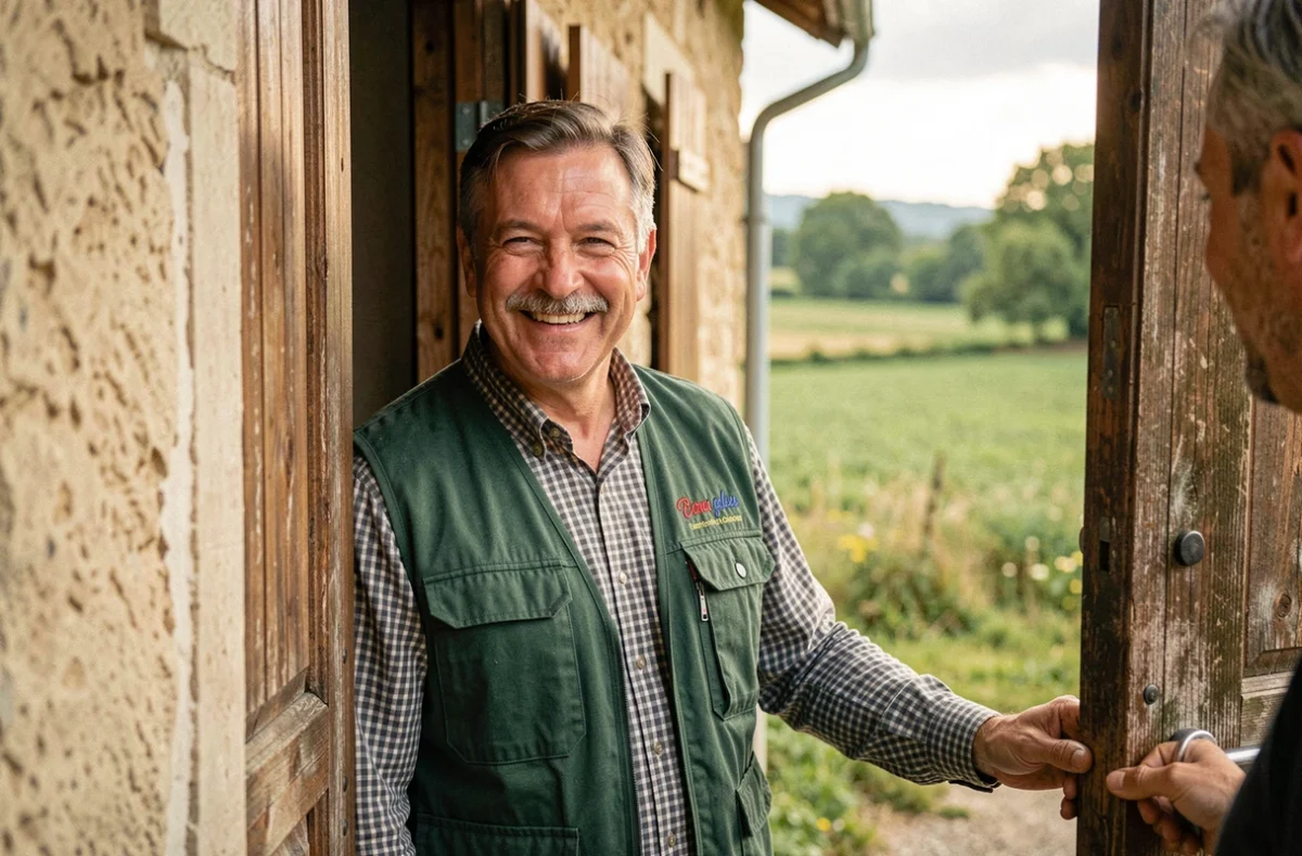 Hervé Bonnecuelle, serrurier de Froncles, accueilli chaleureusement à la porte d'une maison rurale en Haute-Marne