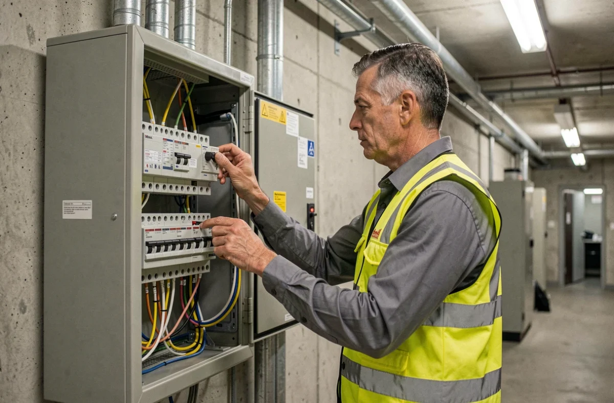 Électricien de H.L ELEC Inc contrôlant un tableau de distribution électrique dans un bâtiment commercial