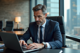 Homme d'affaires en costume regardant des graphiques financiers