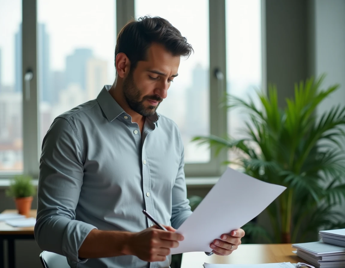 Homme d'affaires relisant une formule de politesse professionnelle dans un bureau avec vue sur la ville