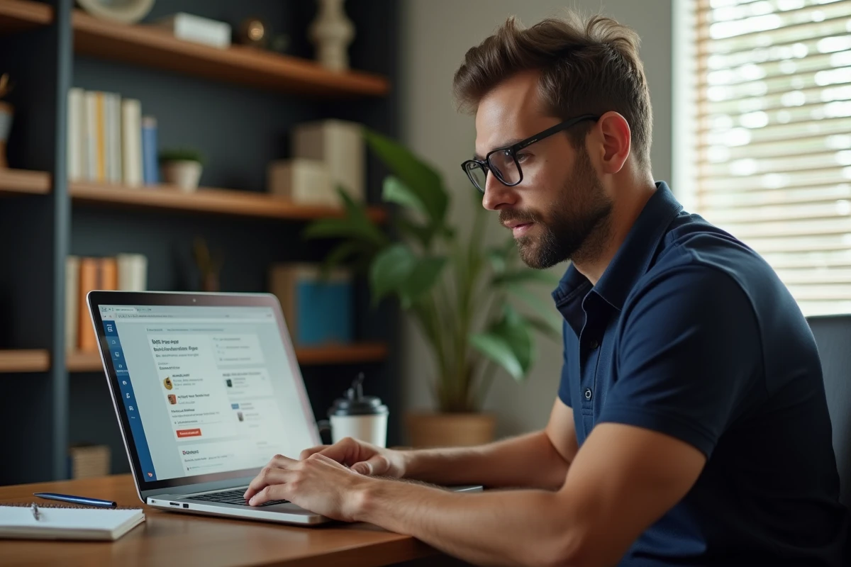 Homme consultant une annonce d'électroménager d'occasion sur ordinateur portable pour éviter les arnaques