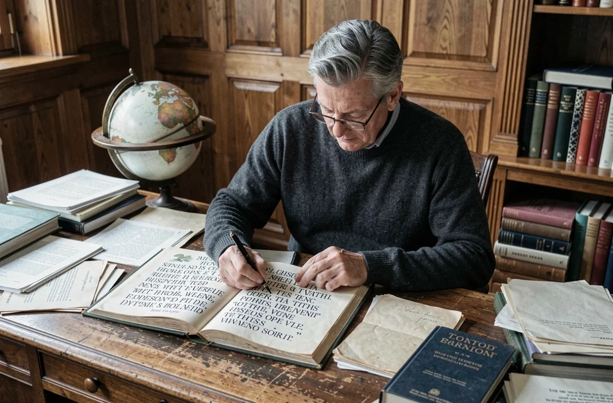 Homme annotant un livre de citations d'auteurs classiques à un bureau en bois dans une salle d'étude universitaire