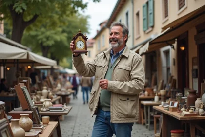 Homme d'âge moyen souriant avec une horloge ancienne au marché