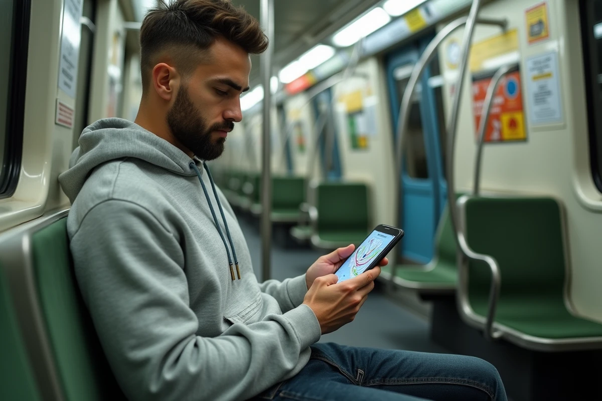 Homme utilisant une application de plan du métro parisien interactif sur smartphone dans le métro