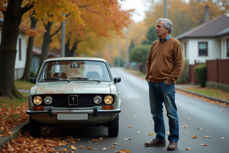 Homme d'âge moyen près d'une vieille voiture essence en automne