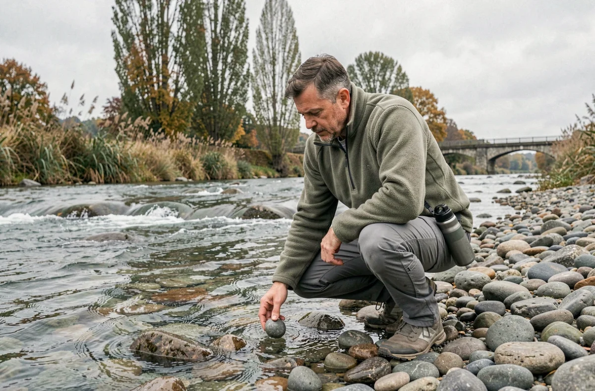 Homme explorant les bords de rivière en Alsace lors d'une sortie nature en plein air