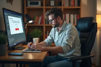 Jeune homme au bureau vérifiant une alerte sur son ordinateur