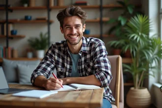 Homme décontracté écrivant dans un bureau cosy