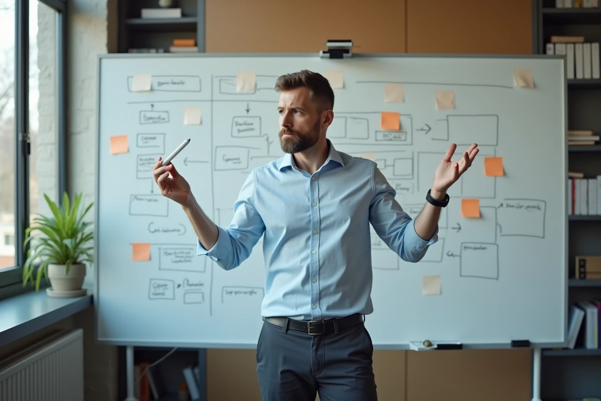 Homme en réflexion devant tableau blanc en intérieur