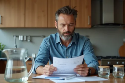 Homme d'âge moyen compare facture d'eau et carnet