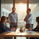 Homme confiant dans un bureau moderne avec équipe