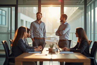 Homme confiant dans un bureau moderne avec équipe