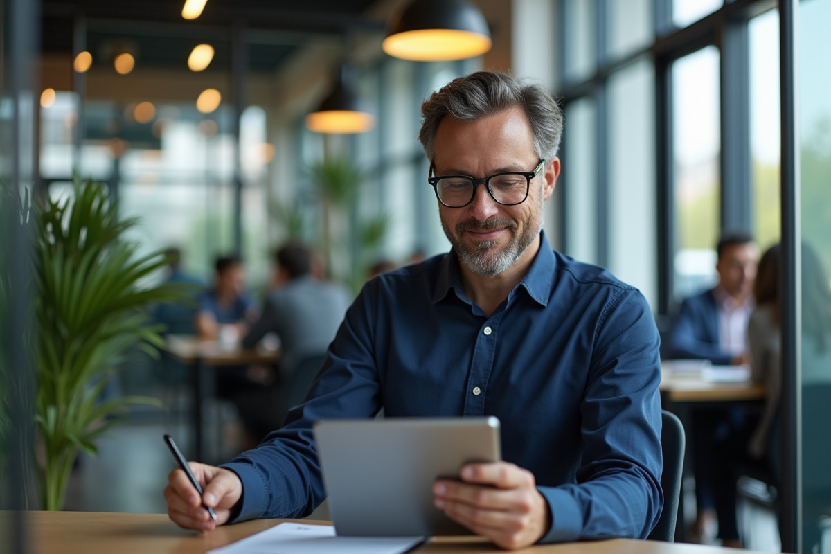 Homme en coworking comparant des sites web sur tablette