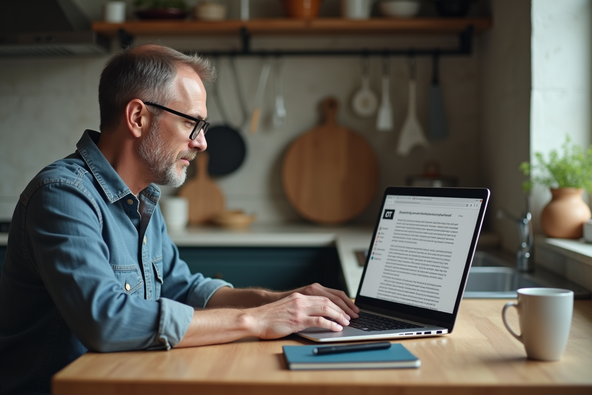 Homme à la maison utilise un ordinateur avec document OTF